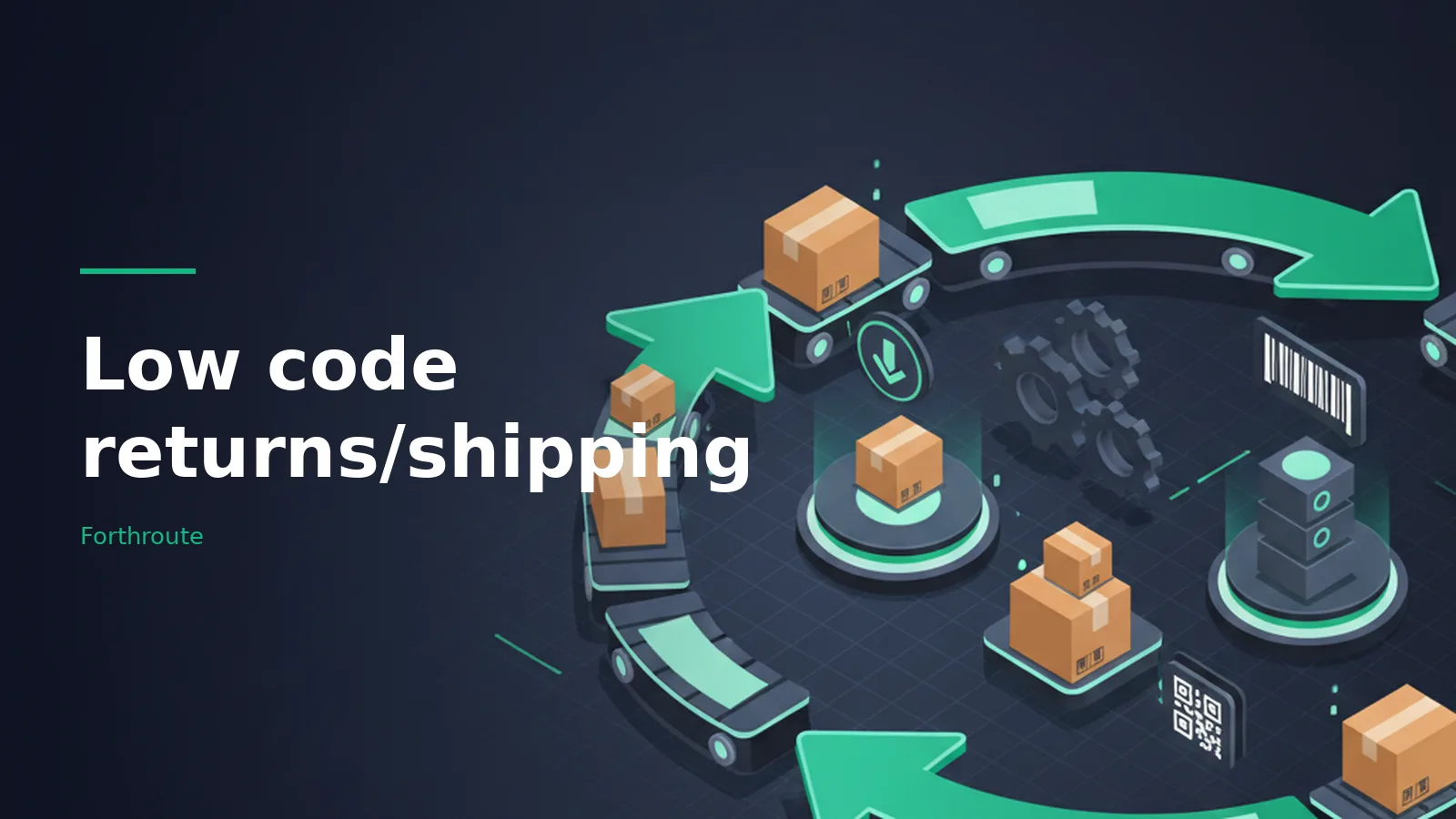 Green circular conveyor belt moving brown boxes near gears and barcodes on a dark background. Overlaid text reads “Low code returns/shipping”.