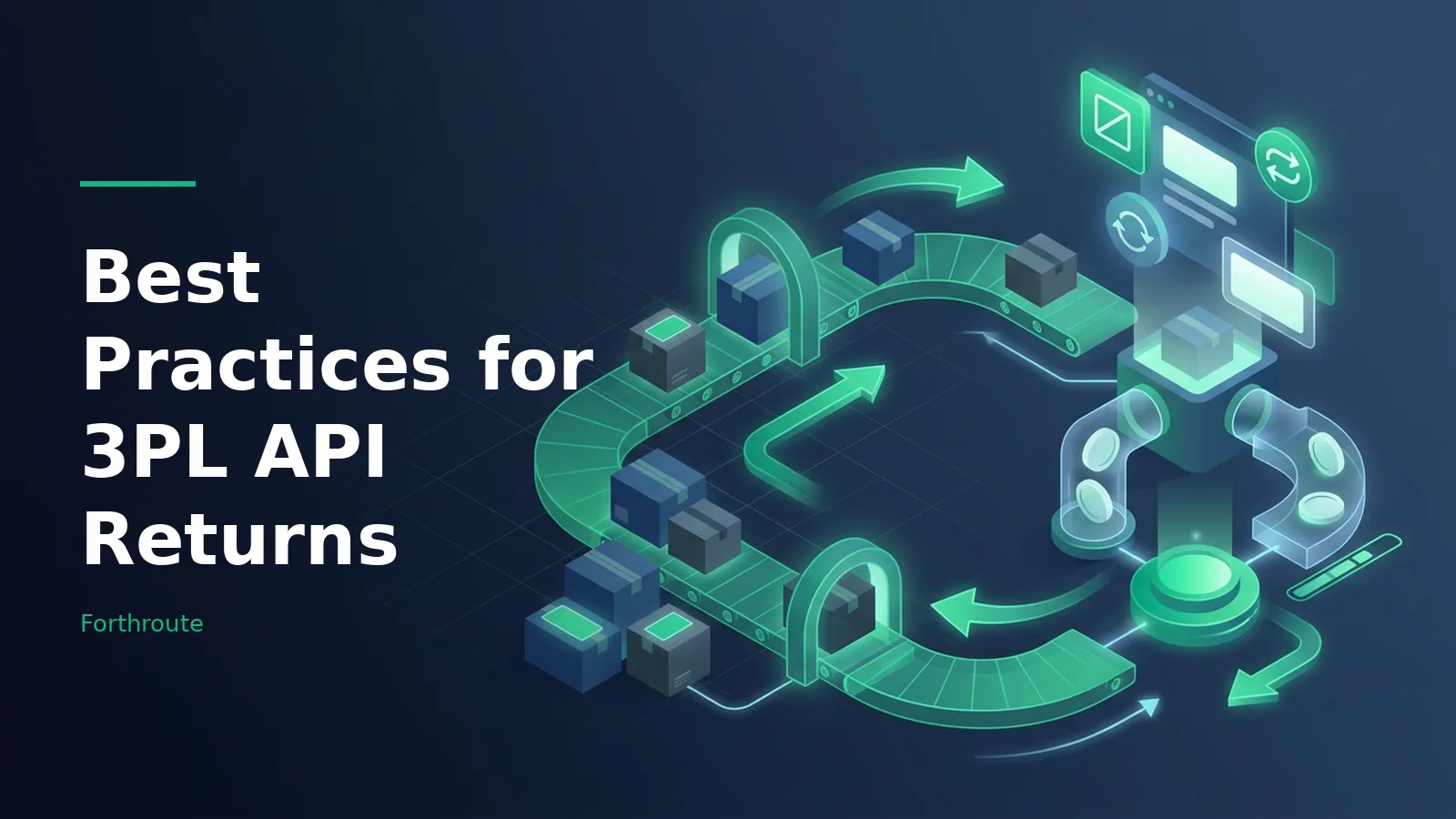 Teal isometric conveyor belt with boxes, glowing arrows, and digital interface on a dark blue background. Overlaid text reads “Best Practices for 3PL API Returns” with the Forthroute wordmark.