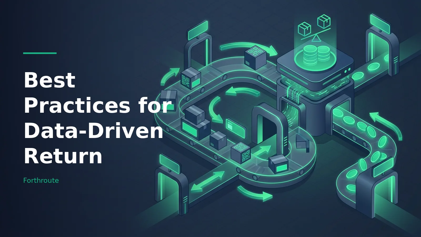 Dark blue isometric conveyor belt system carrying glowing green boxes and coins through scanner arches. Overlaid text reads “Best Practices for Data-Driven Return” with the Forthroute wordmark.