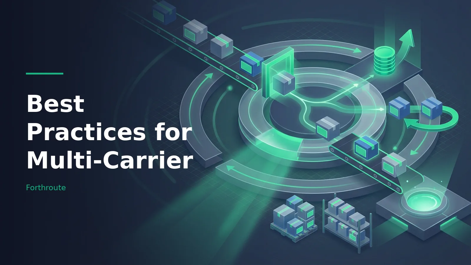 Isometric dark blue supply chain diagram with conveyor belts, boxes, and glowing green arrows. Overlaid text reads “Best Practices for Multi-Carrier” with the Forthroute wordmark.