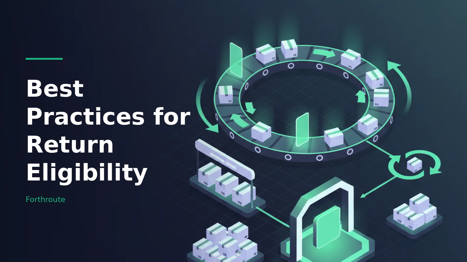 Glowing green circular conveyor belt and white boxes on a dark isometric grid. Overlaid text reads “Best Practices for Return Eligibility”.