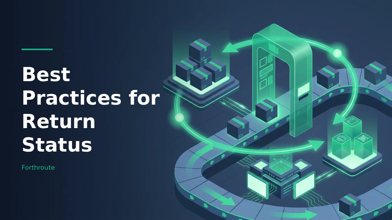 Isometric conveyor belt with boxes, scanner arch, and glowing green arrows on a dark teal background. Overlaid text reads “Best Practices for Return Status” with the Forthroute wordmark.