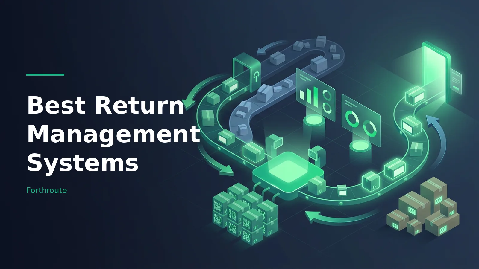 Green isometric conveyor belt and digital screens illustrating Best Return Management Systems. Overlaid text reads “Best Return Management Systems”.