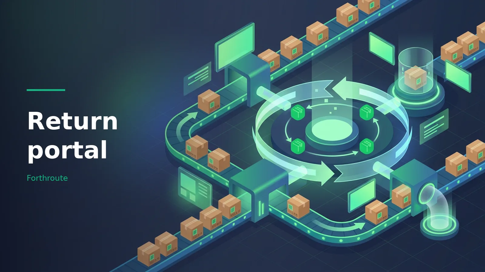 Cardboard boxes on a dark teal isometric conveyor belt system with a glowing circular return portal. Overlaid text reads “Return portal”.