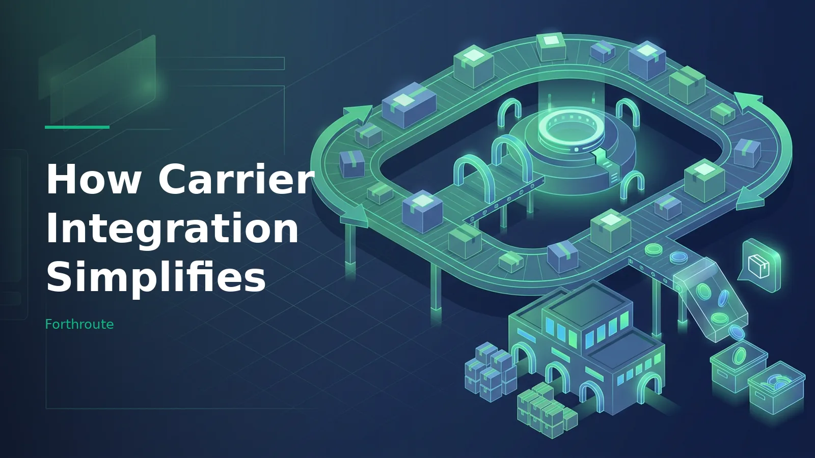 How Carrier Integration Simplifies package sorting on a glowing teal isometric conveyor belt. Overlaid text reads “How Carrier Integration Simplifies” with the Forthroute wordmark.