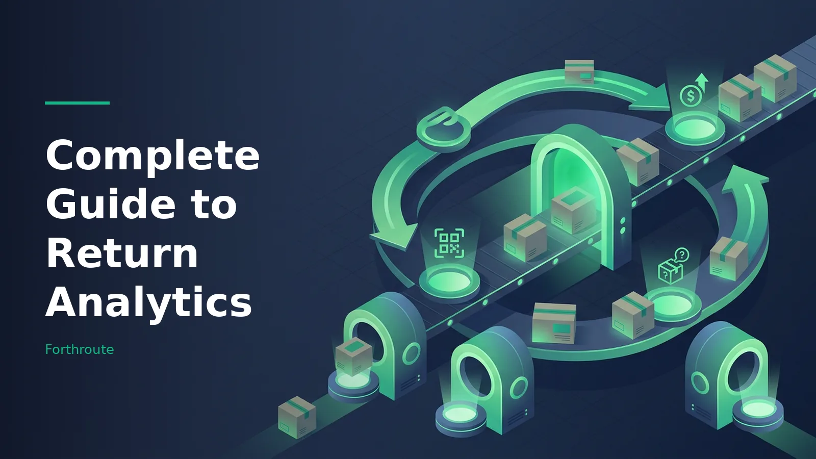 Teal isometric conveyor belt with cardboard boxes, scanner arches, and arrows on dark blue background. Overlaid text reads “Complete Guide to Return Analytics” with the Forthroute wordmark.