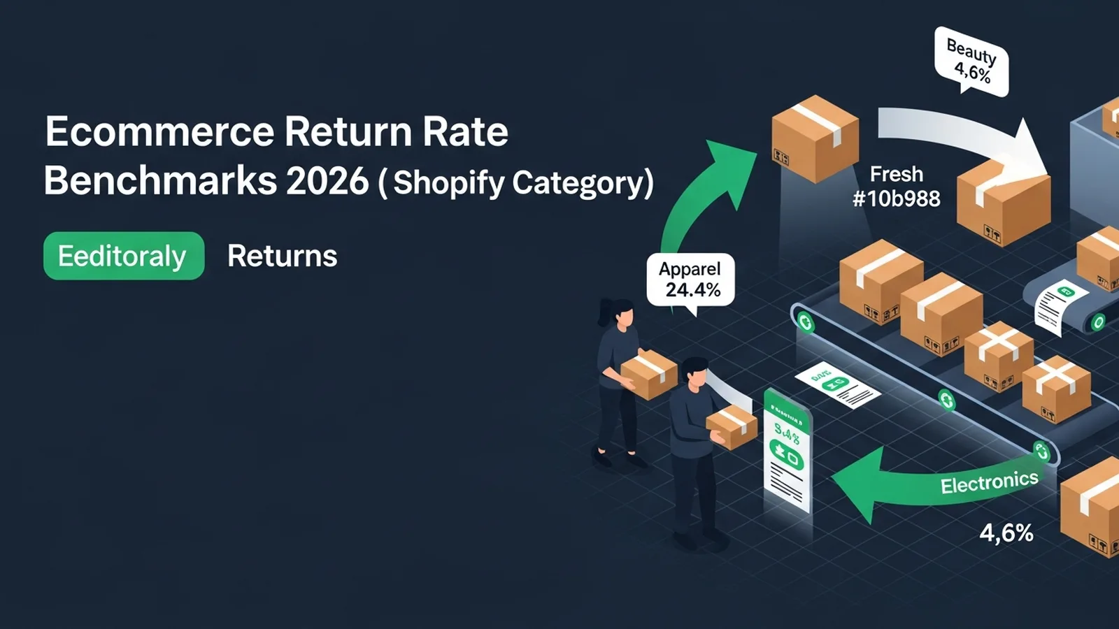 Emerald green circular arrows flowing around shopping categories with percentage return rate data in a clean layout