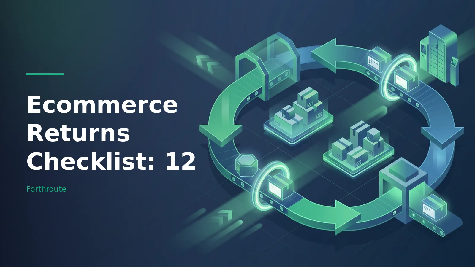 Teal isometric circular conveyor belt with packages, scanner rings, and directional arrows. Overlaid text reads “Ecommerce Returns Checklist: 12” with the Forthroute wordmark.