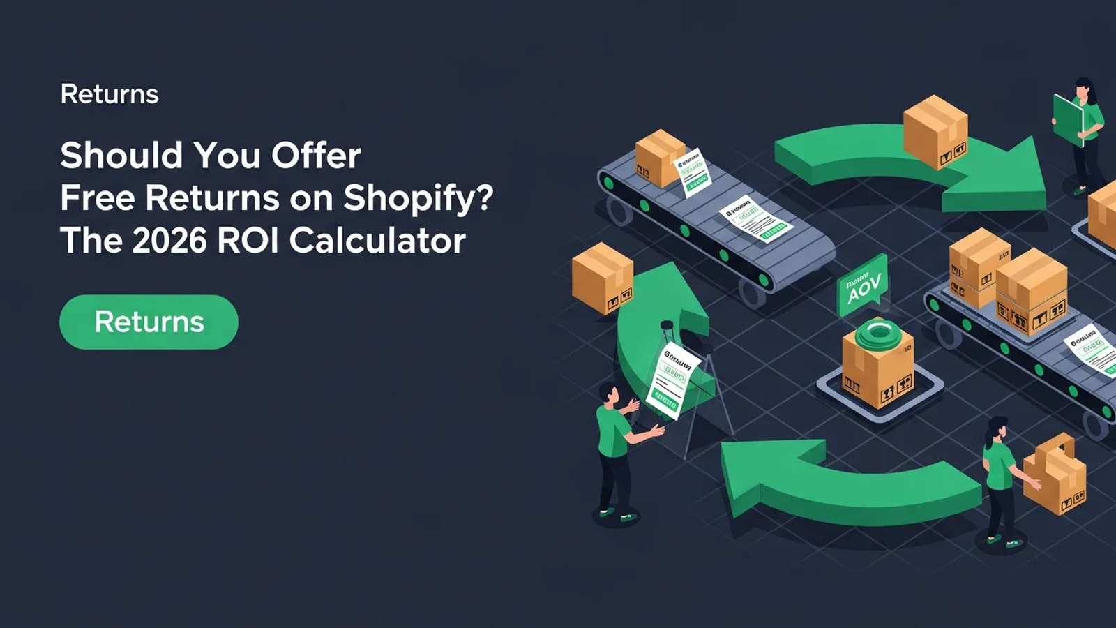 Circular arrows connecting shopping cart and return package with emerald green accents on clean white background