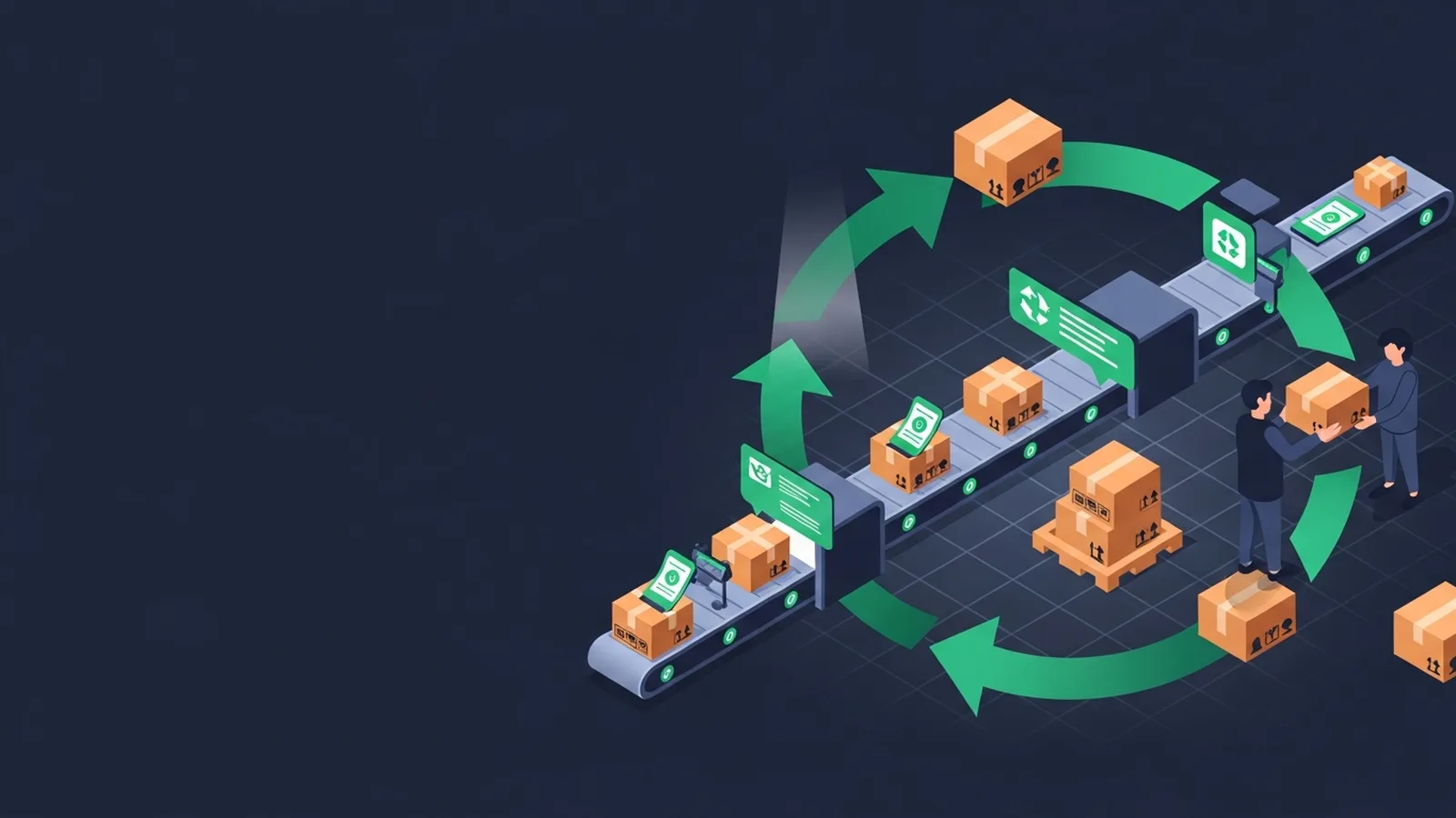 Circular flow diagram with emerald green arrows connecting Shopify store icons, return boxes, and automated software dashboard