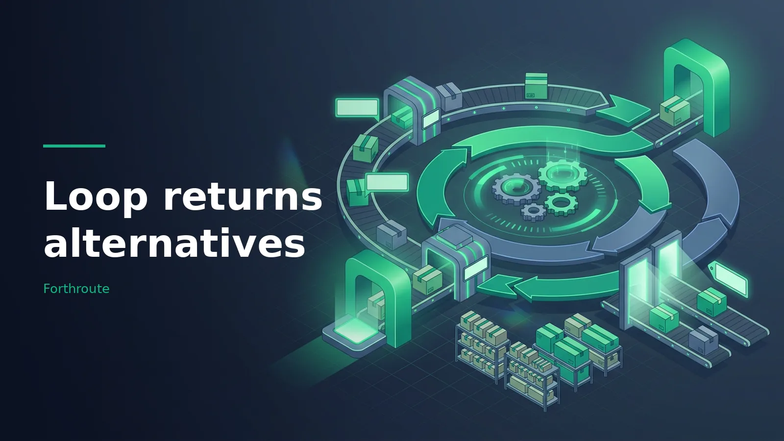 Glowing green circular conveyor belt with packages, gears, and shelves on a dark blue isometric grid. Overlaid text reads “Loop returns alternatives” with the Forthroute wordmark.