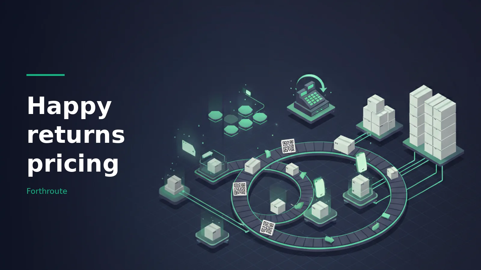 Dark teal isometric graphic of packages on looping conveyor belts with QR codes and a cash register. Overlaid text reads “Happy returns pricing”.