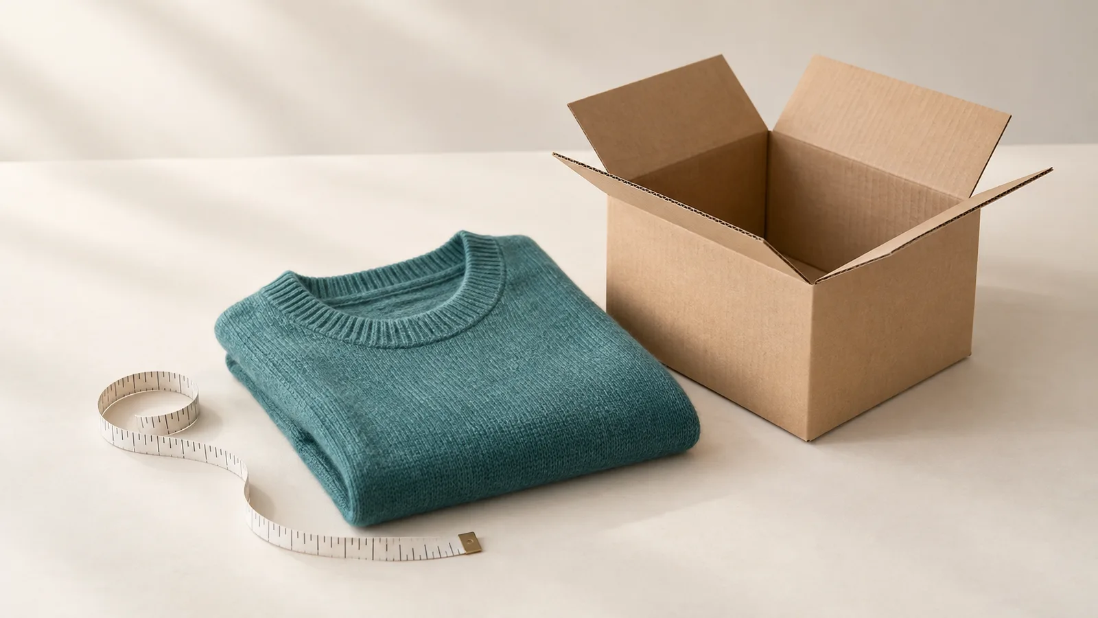 Illustration of a folded knit sweater beside a tape measure and an open cardboard box.