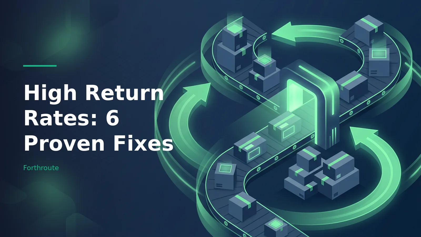 Boxes on a looping conveyor belt pass through a glowing green scanner against a dark blue background. Overlaid text reads “High Return Rates: 6 Proven Fixes” with the Forthroute wordmark.