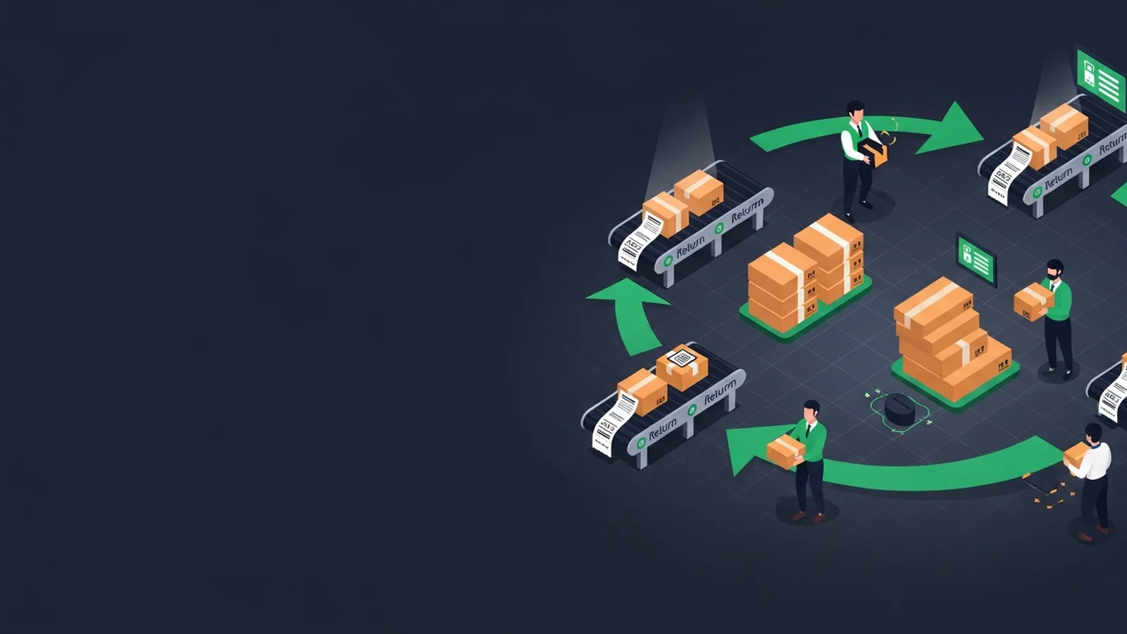 Shopify dashboard with emerald green return policy document flowing in circular arrows toward decreasing refund chart