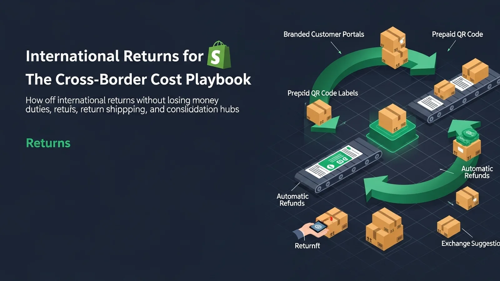 Global package flow diagram with emerald green arrows connecting shipping hubs across continents in a circular pattern