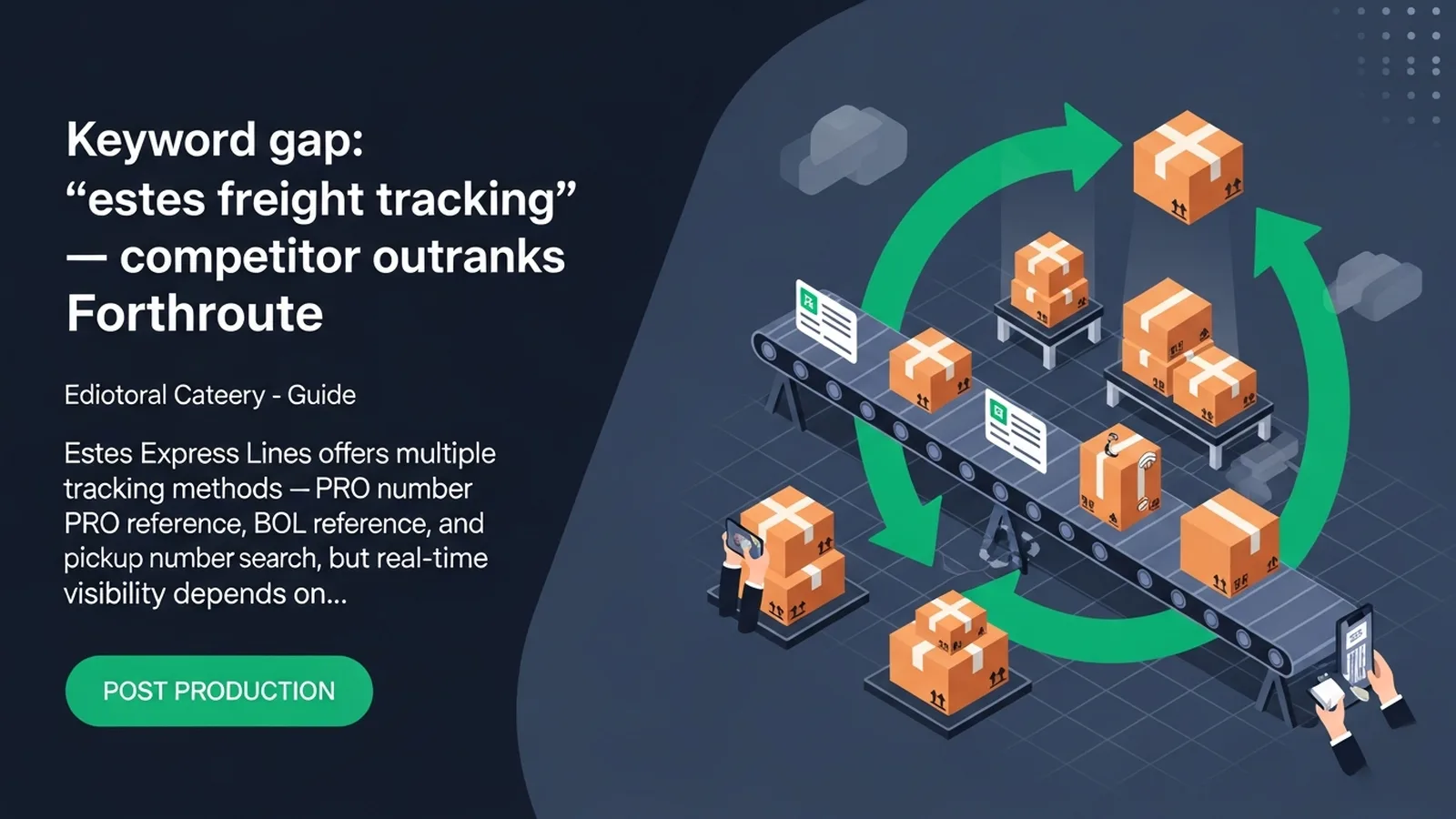 Logistics dashboard with emerald green tracking flow connecting freight trucks and data nodes in circular motion