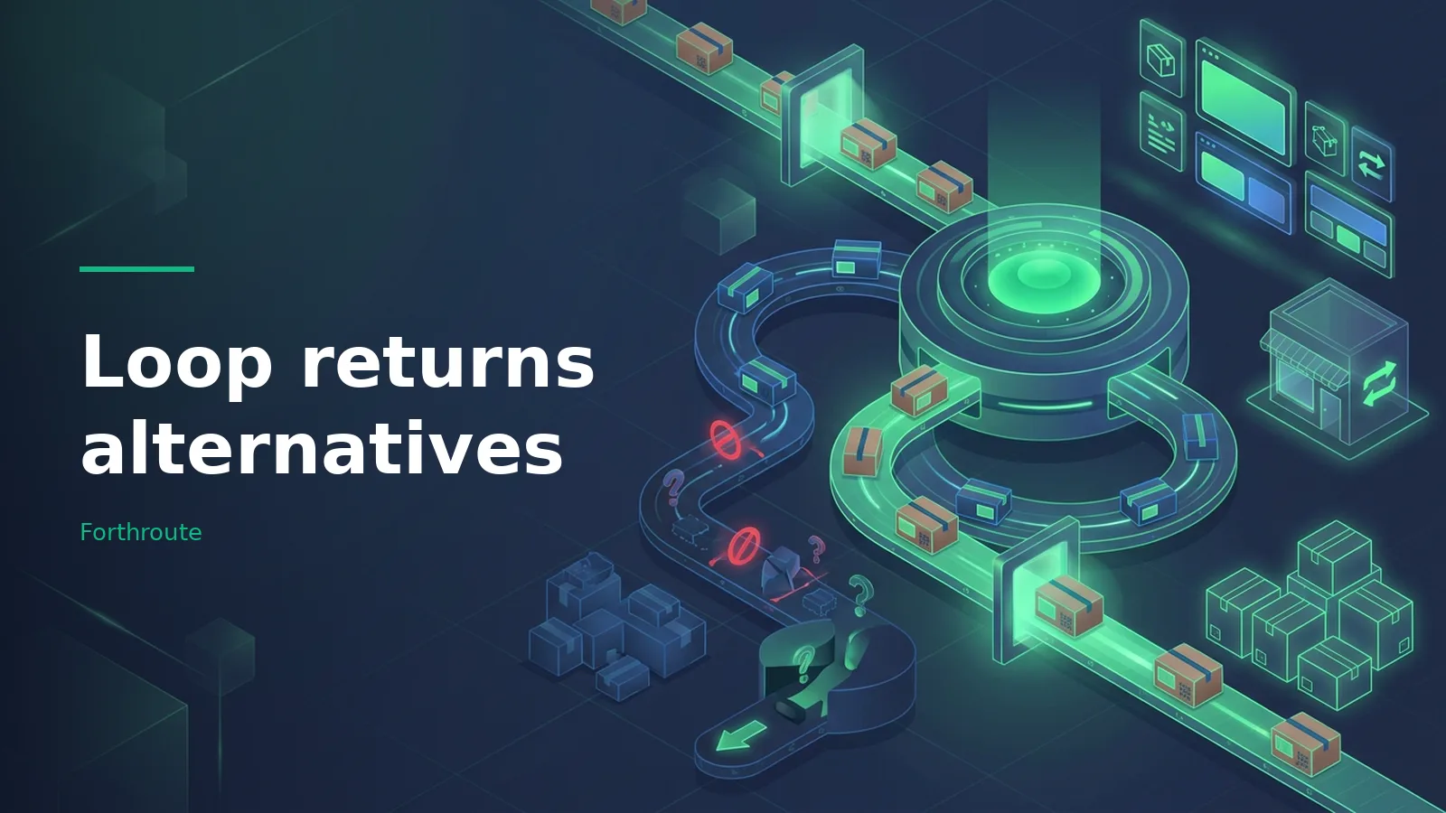 Green isometric conveyor belts sorting boxes in a glowing futuristic loop returns alternatives system. Overlaid text reads “Loop returns alternatives”.