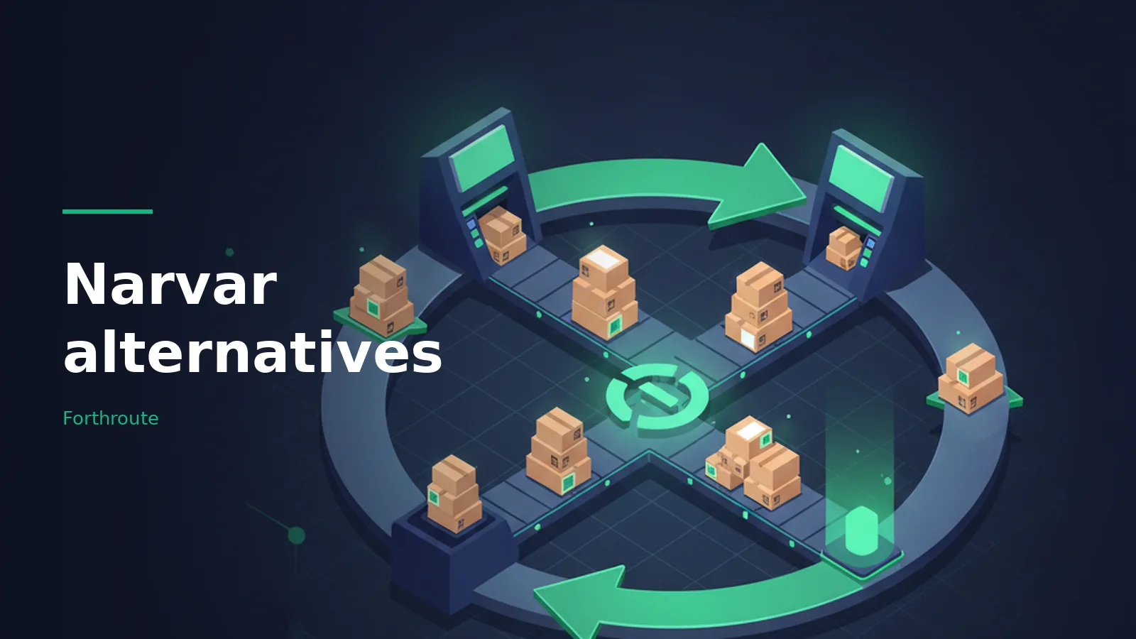 Dark blue circular conveyor system sorting cardboard boxes with green arrows for Narvar alternatives. Overlaid text reads “Narvar alternatives”.