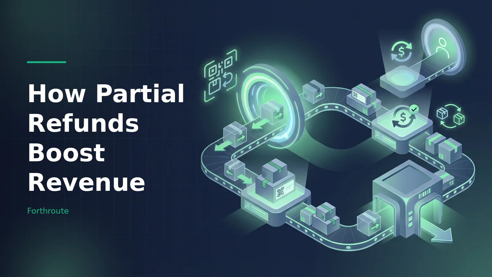 Glowing green isometric conveyor belt transporting packages through portals on a dark teal background. Overlaid text reads “How Partial Refunds Boost Revenue” with the Forthroute wordmark.