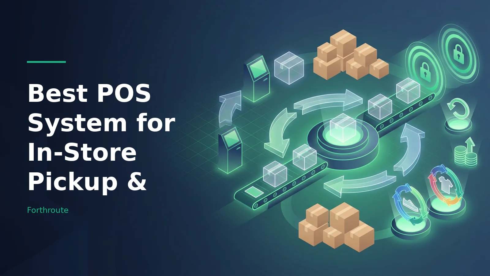 Best POS System for In-Store Pickup & glowing kiosks, boxes, and conveyor belts in dark blue. Overlaid text reads “Best POS System for In-Store Pickup &” with the Forthroute wordmark.