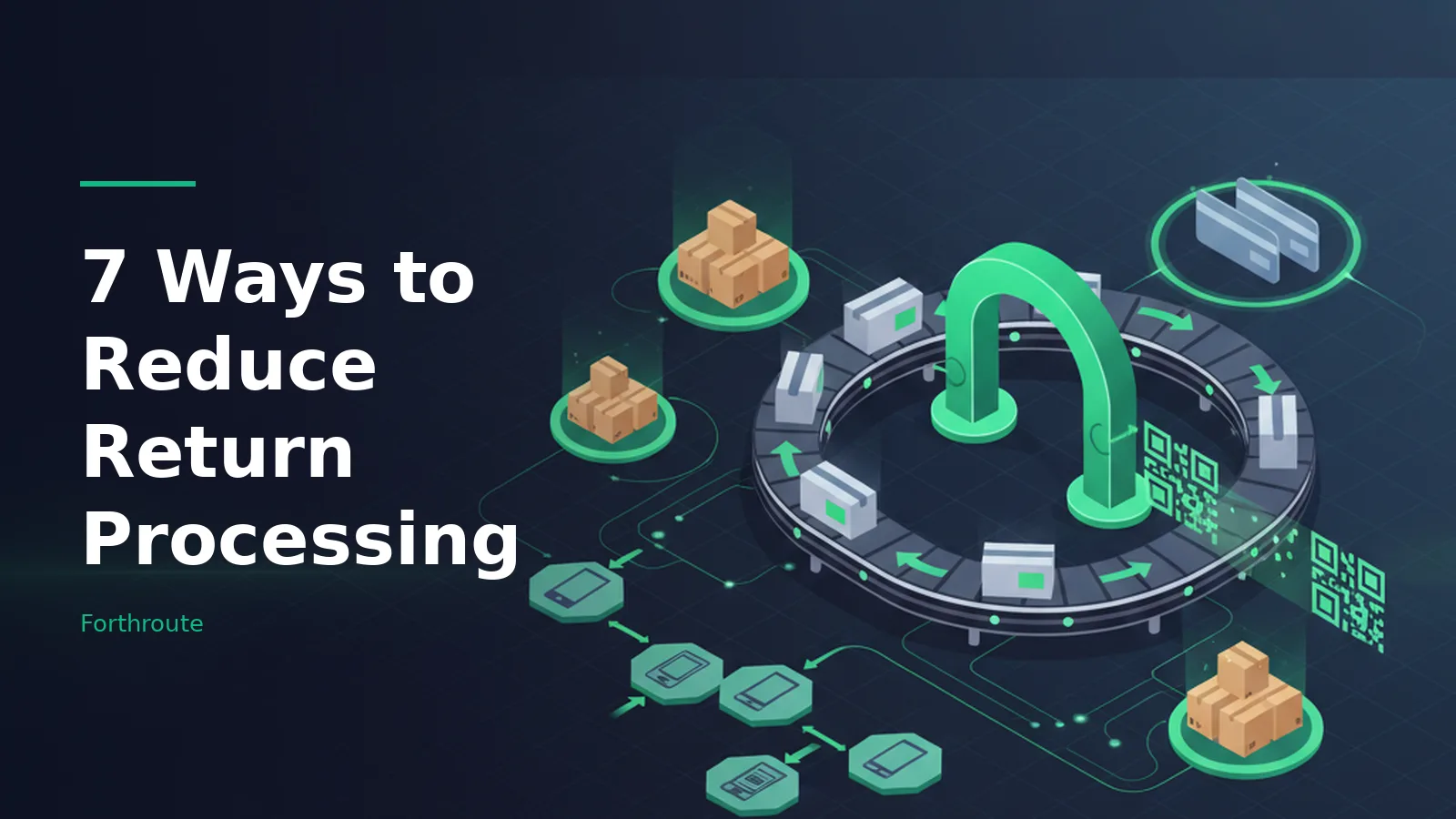 Isometric circular conveyor belt with packages and cardboard boxes on a dark blue background. Overlaid text reads “7 Ways to Reduce Return Processing” with the Forthroute wordmark.