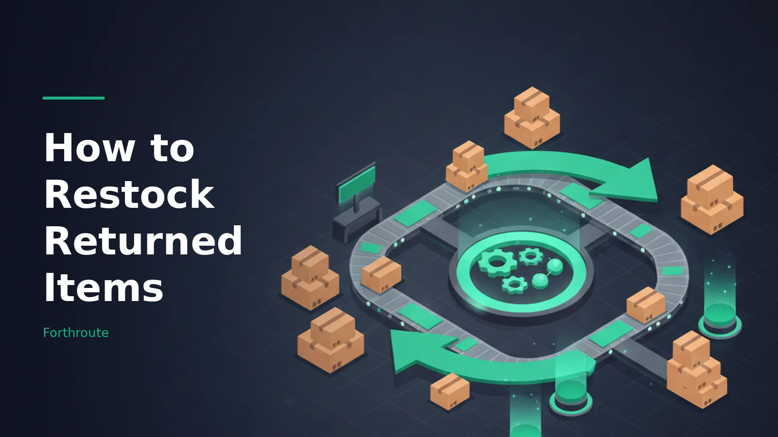 Cardboard boxes on a circular conveyor belt with green arrows against a dark background. Overlaid text reads “How to Restock Returned Items” with the Forthroute wordmark.