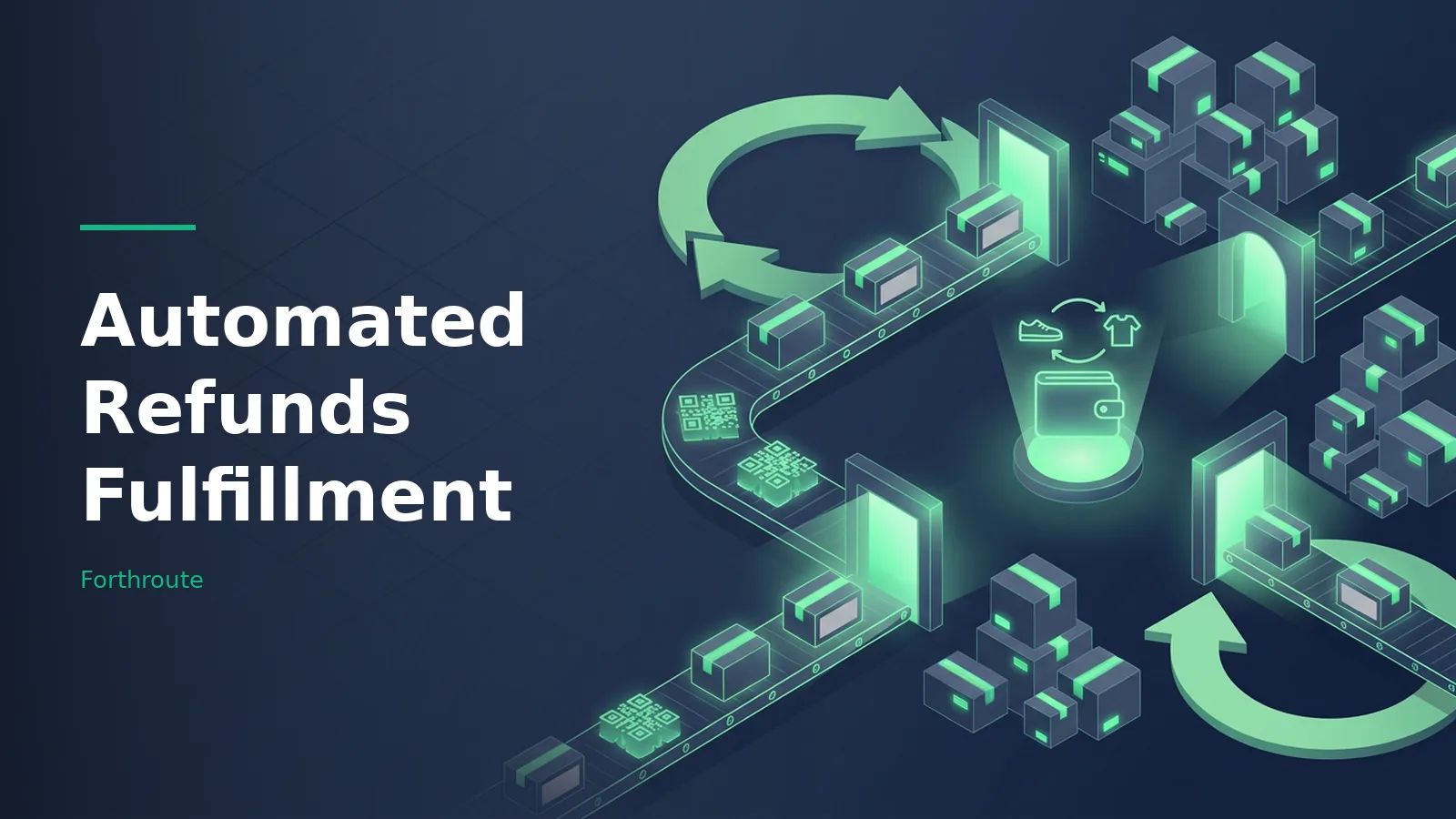 Green isometric conveyor belts with glowing boxes for Automated Refunds Fulfillment on dark blue. Overlaid text reads “Automated Refunds Fulfillment”.