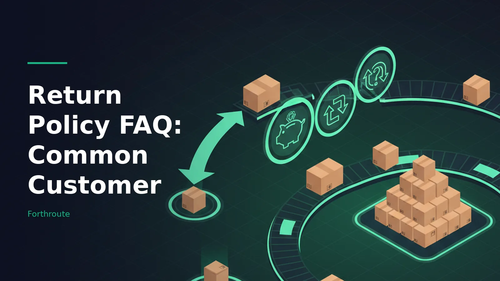 Cardboard boxes moving along a glowing green circular conveyor belt on a dark isometric grid. Overlaid text reads “Return Policy FAQ: Common Customer” with the Forthroute wordmark.