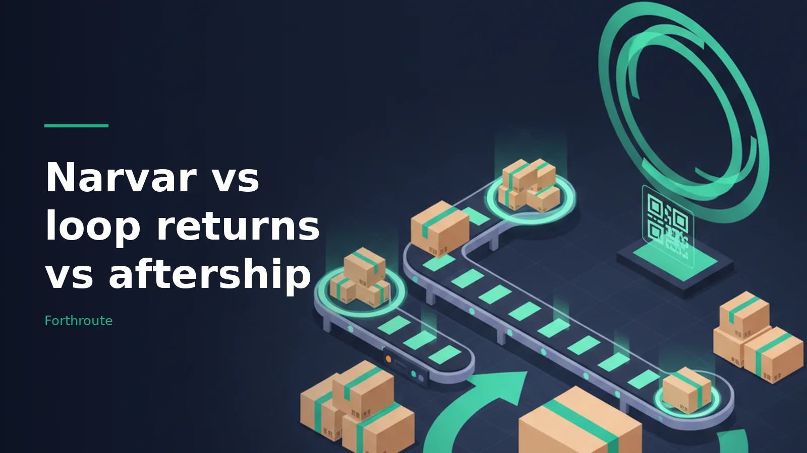 Cardboard boxes on a conveyor belt with glowing green arrows and QR code on a dark blue background. Overlaid text reads “Narvar vs loop returns vs aftership” with the Forthroute wordmark.