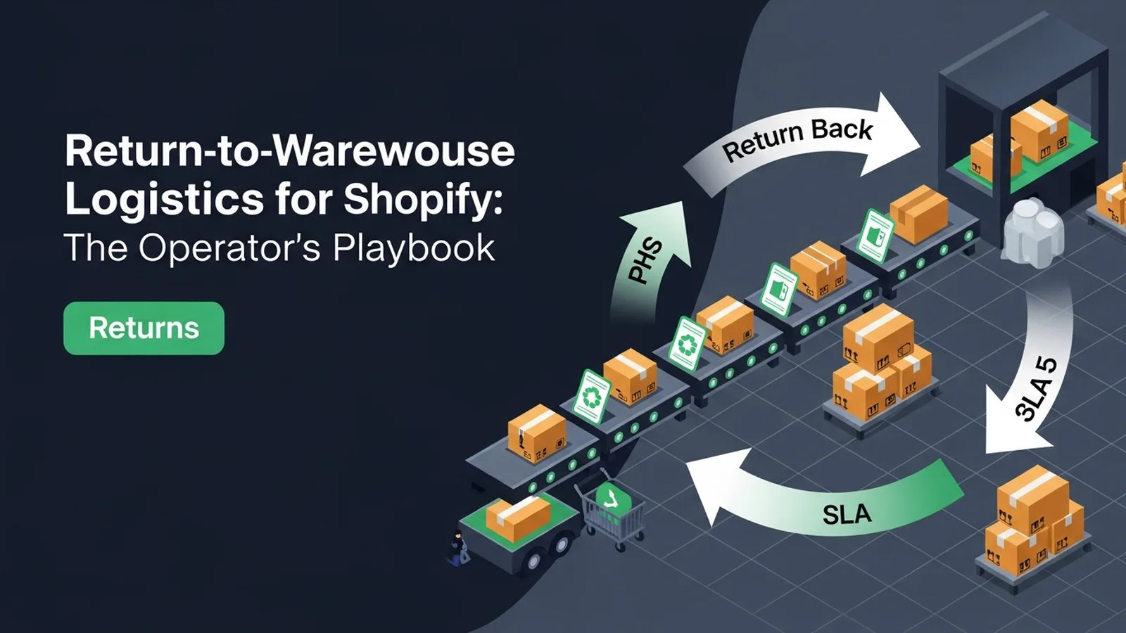 Circular flow diagram showing returned packages moving from customer doorsteps back through sortation to warehouse shelves