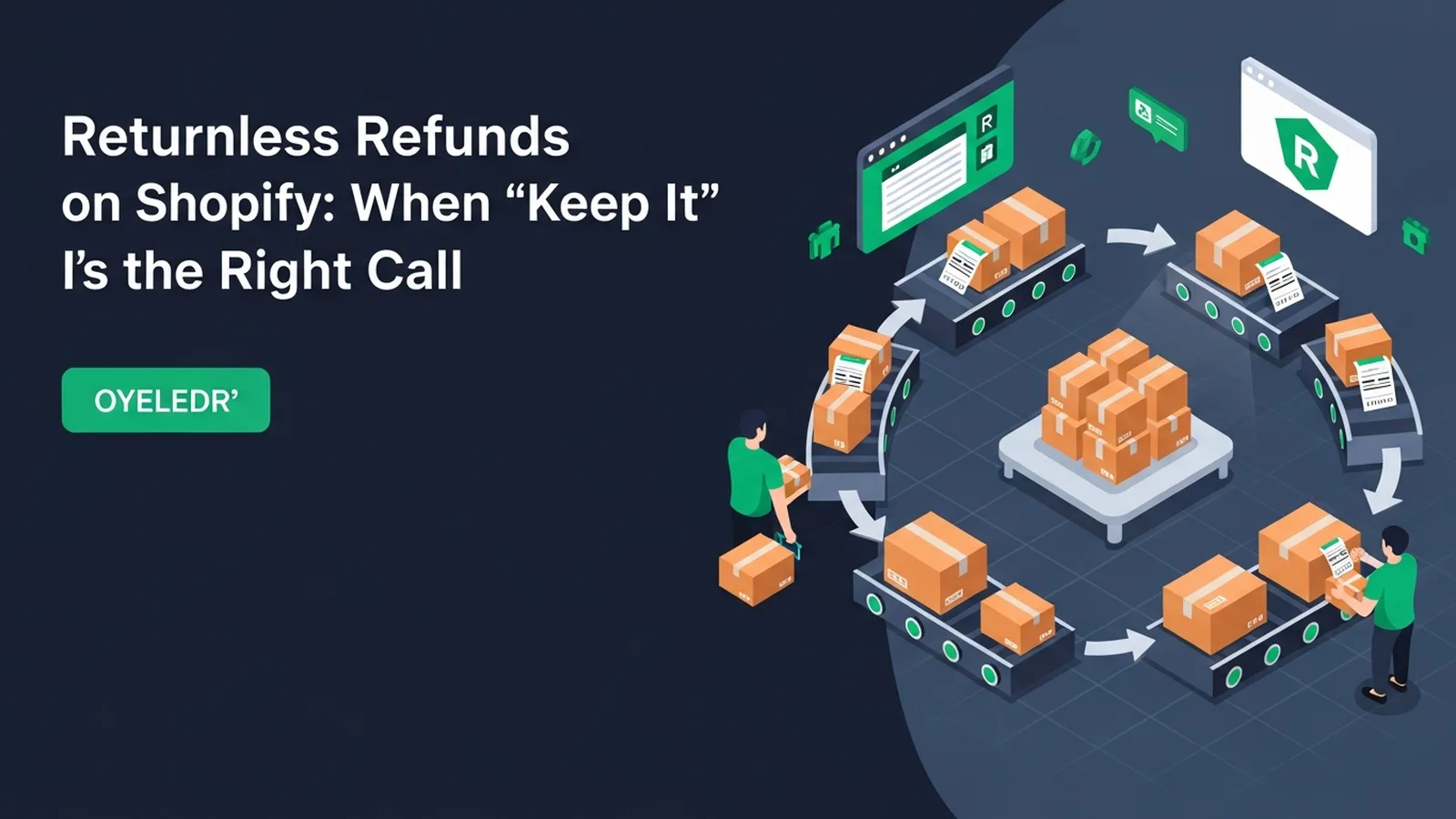 Smiling customer holding a refunded low-value product with green circular arrows flowing around them symbolizing easy returns