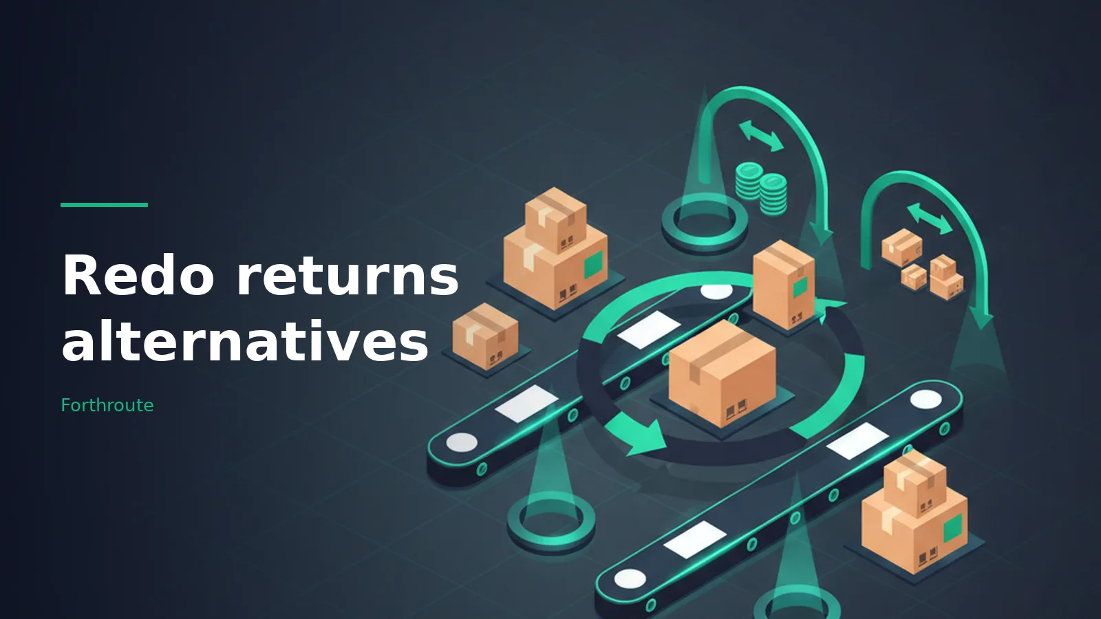 Isometric conveyor belts with cardboard boxes and glowing green arrows on a dark grid. Overlaid text reads “Redo returns alternatives” with the Forthroute wordmark.