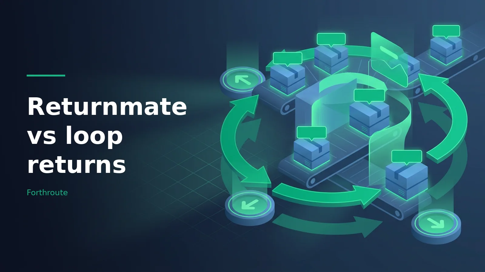 Blue boxes on conveyor belts encircled by glowing green arrows against a dark blue background. Overlaid text reads “Returnmate vs loop returns” with the Forthroute wordmark.