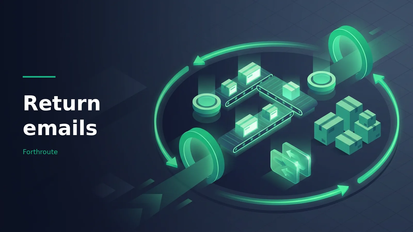 Glowing green conveyor belts, stacked boxes, and circular looping arrows on a dark isometric background. Overlaid text reads “Return emails”.