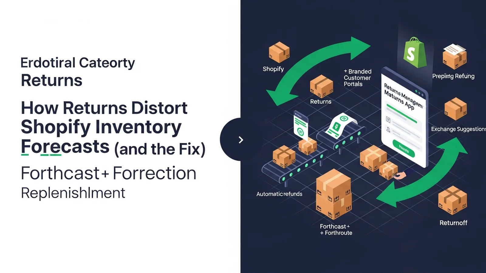 Circular arrows flow around inventory boxes highlighting the disconnect between forecast data and returned products