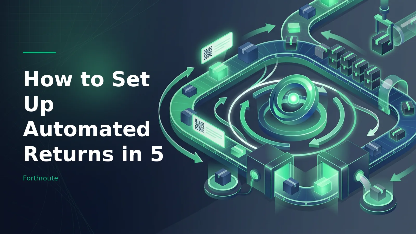 Green isometric conveyor belt loop sorting packages with glowing QR code screens and robotic arms. Overlaid text reads “How to Set Up Automated Returns in 5” with the Forthroute wordmark.