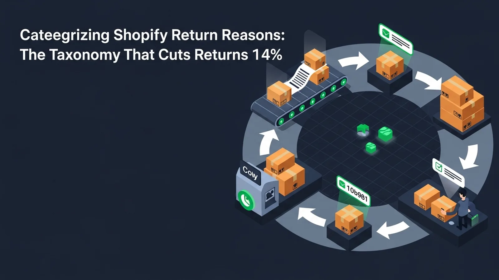 Organized flowchart showing customer return reasons flowing into neat categories with emerald green connecting lines