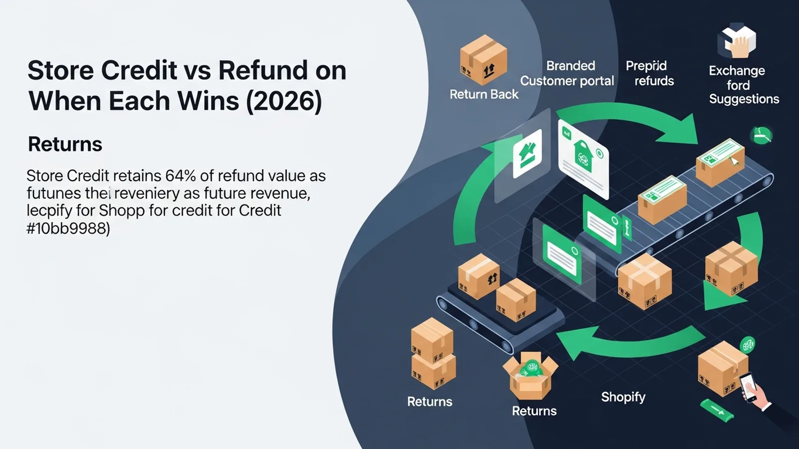Split-screen diagram showing circular arrows between shopping cart and storefront in emerald green depicting refund cycles