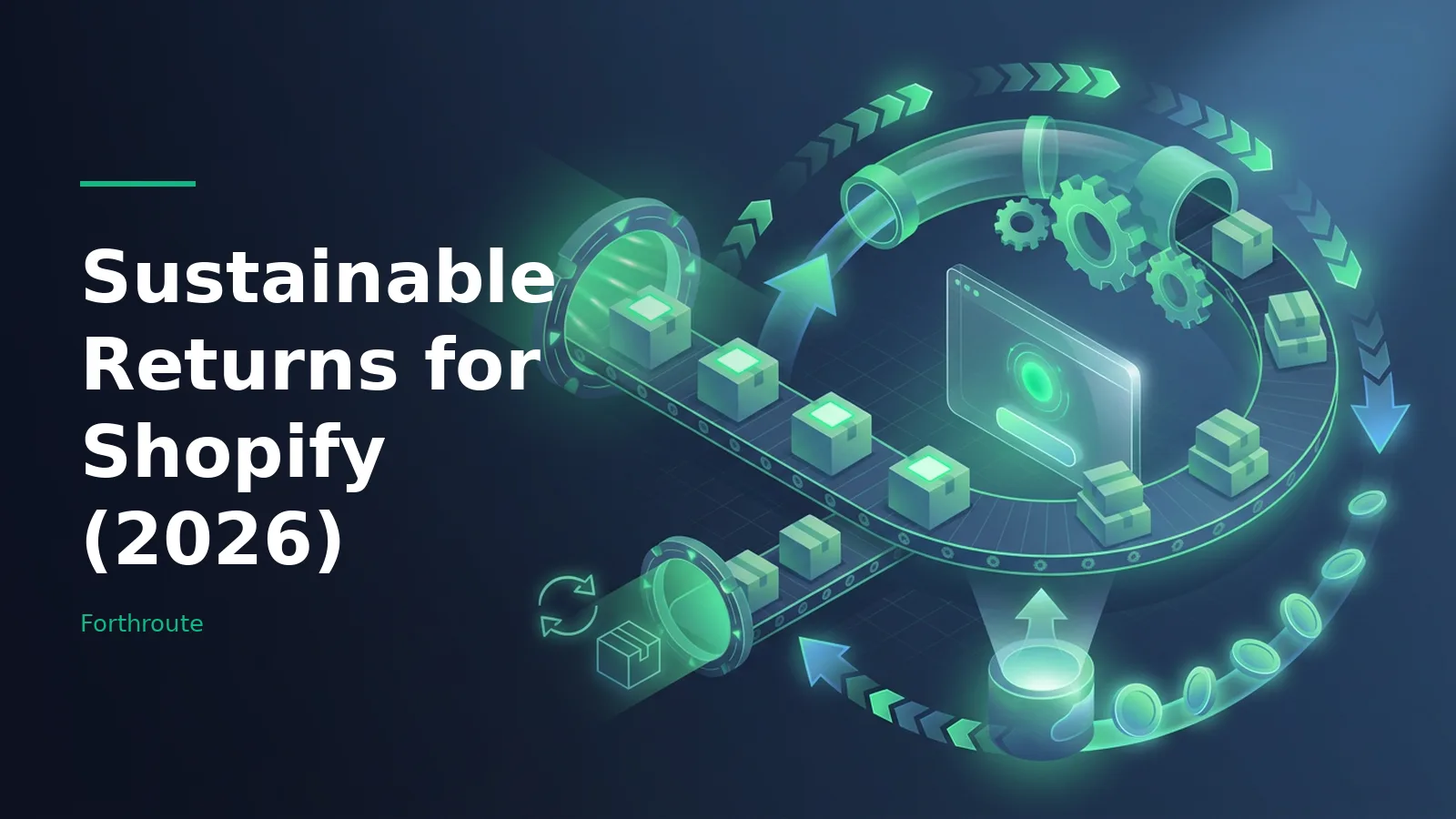 Glowing green digital conveyor belt with boxes, gears, and tubes on a dark blue background. Overlaid text reads “Sustainable Returns for Shopify (2026)” with the Forthroute wordmark.