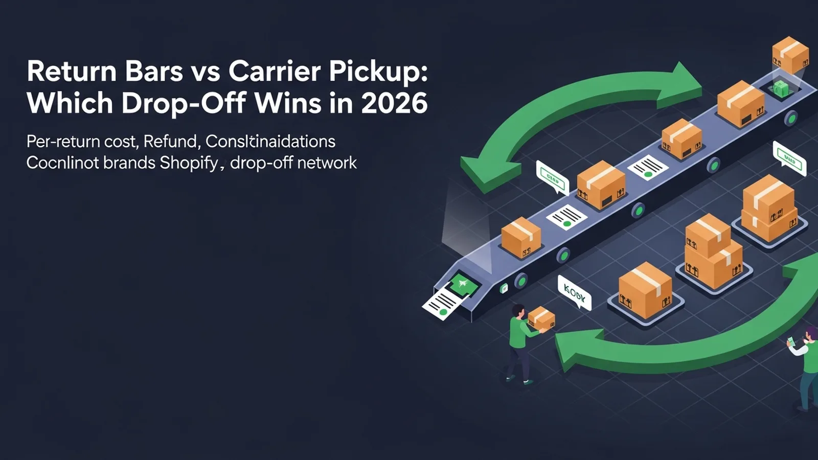 Split-screen diagram comparing return bar locations and carrier pickup with green circular arrows showing package flow