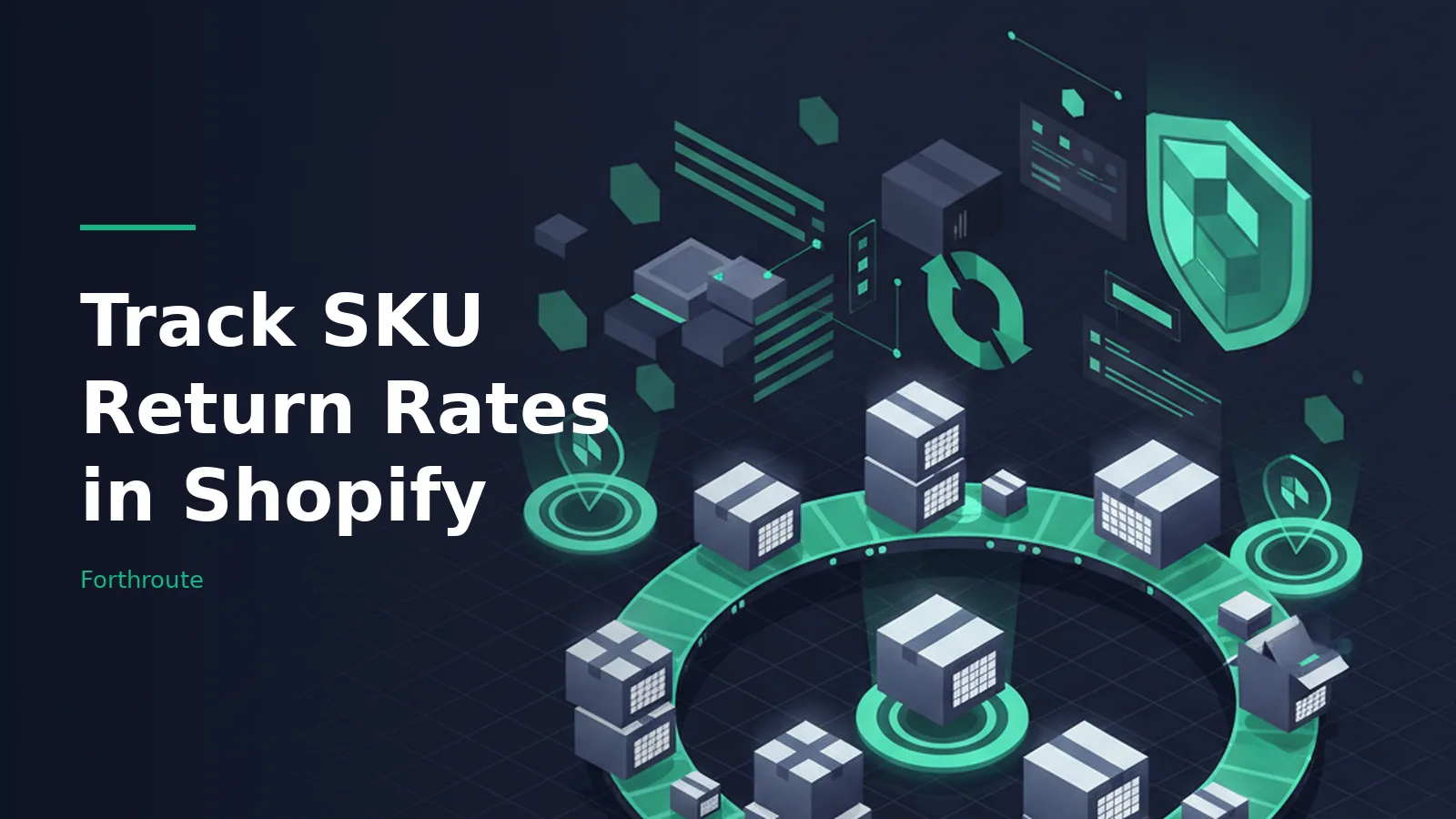 Isometric packages on a circular glowing teal conveyor belt against a dark blue background. Overlaid text reads “Track SKU Return Rates in Shopify” with the Forthroute wordmark.