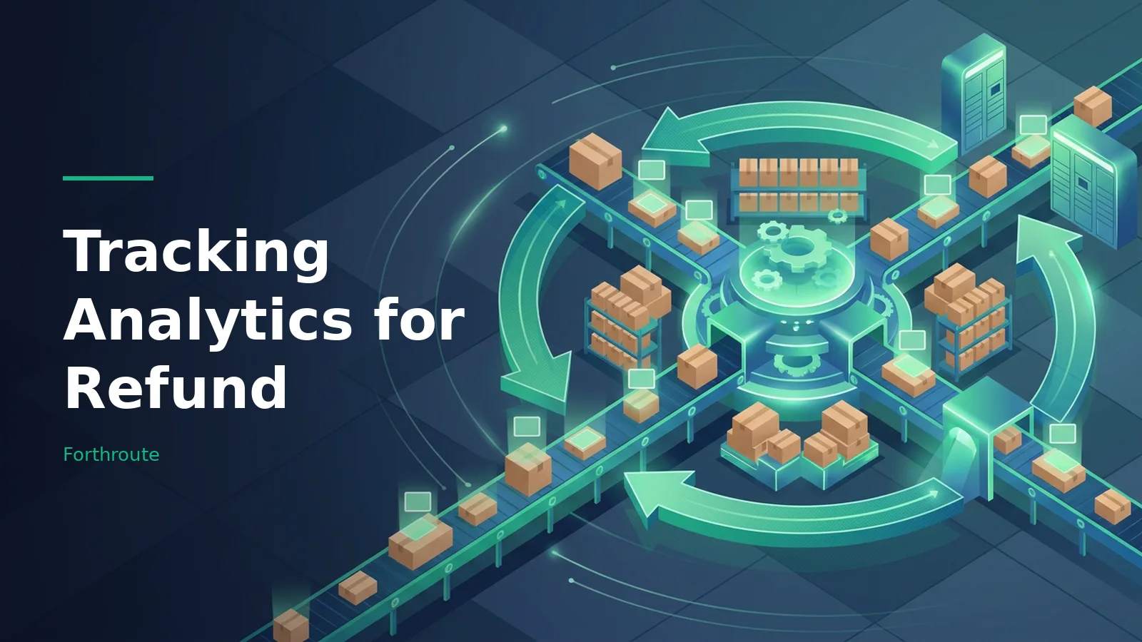 Cardboard boxes moving on conveyor belts around glowing gears in an isometric teal warehouse hub. Overlaid text reads “Tracking Analytics for Refund” with the Forthroute wordmark.