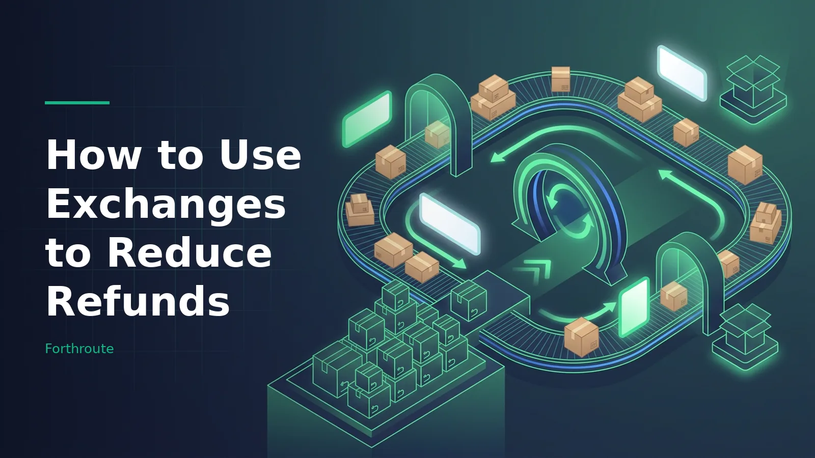 Isometric green conveyor belt loop carrying cardboard boxes through glowing arches on a dark teal background. Overlaid text reads “How to Use Exchanges to Reduce Refunds” with the Forthroute wordmark.