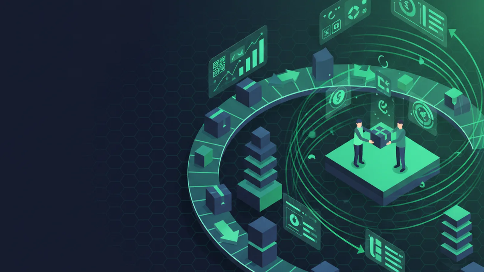 Online returns journey: a package in a circular flow with fresh emerald green accents, illustrating its unseen path.