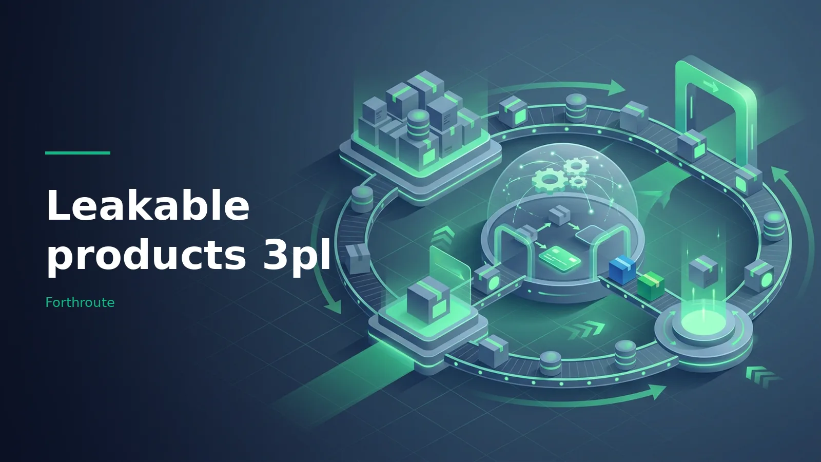Teal isometric circular conveyor belt with boxes and gears under a central dome on a dark grid. Overlaid text reads “Leakable products 3pl” with the Forthroute wordmark.