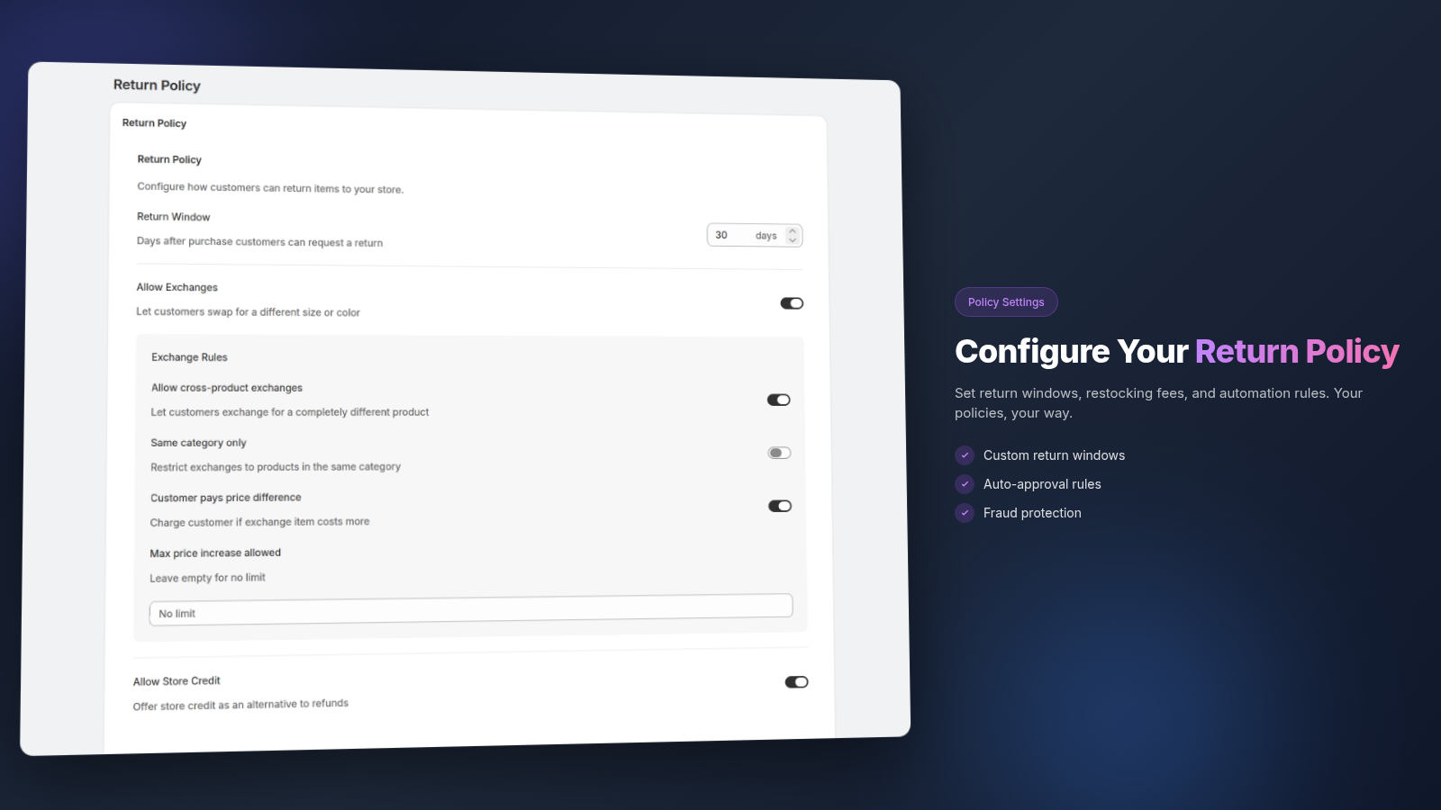 Forthroute return policy configuration screen with return windows, exchange rules and store credit settings
