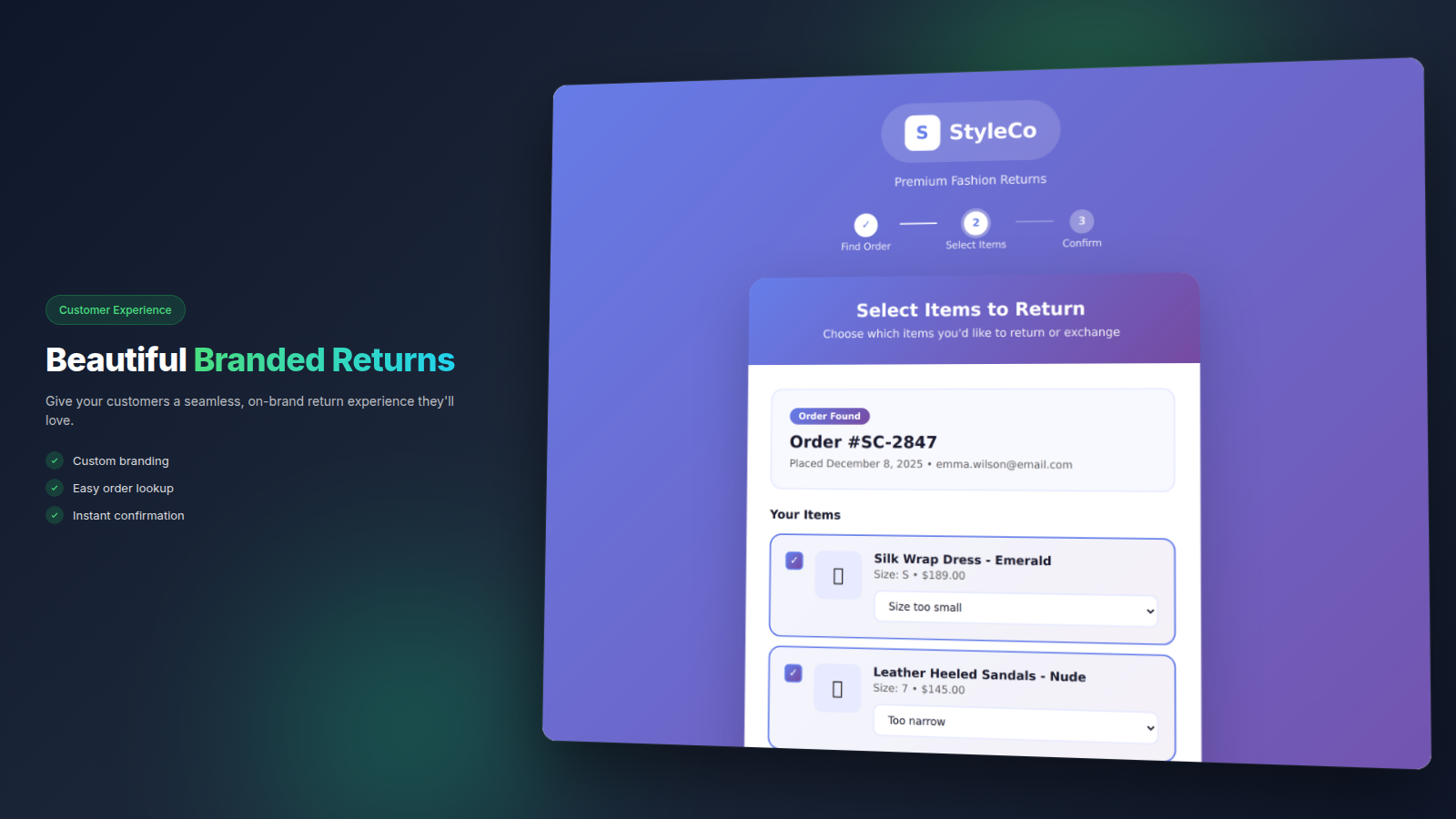 Forthroute branded customer return portal where shoppers select items from their order to return