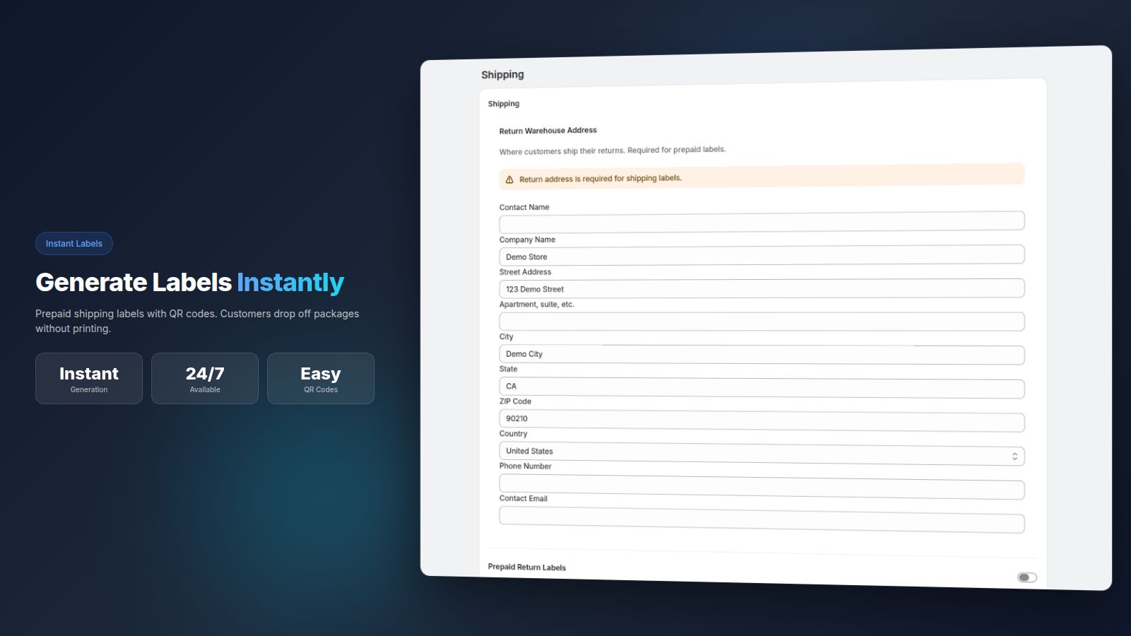 Forthroute prepaid QR return label generation screen with return warehouse address settings